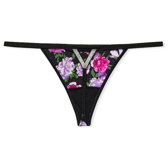 VS M Very Sexy Bombshell Shine V-String Panty Purple Black Floral Thong NWT - Picture 11 of 16